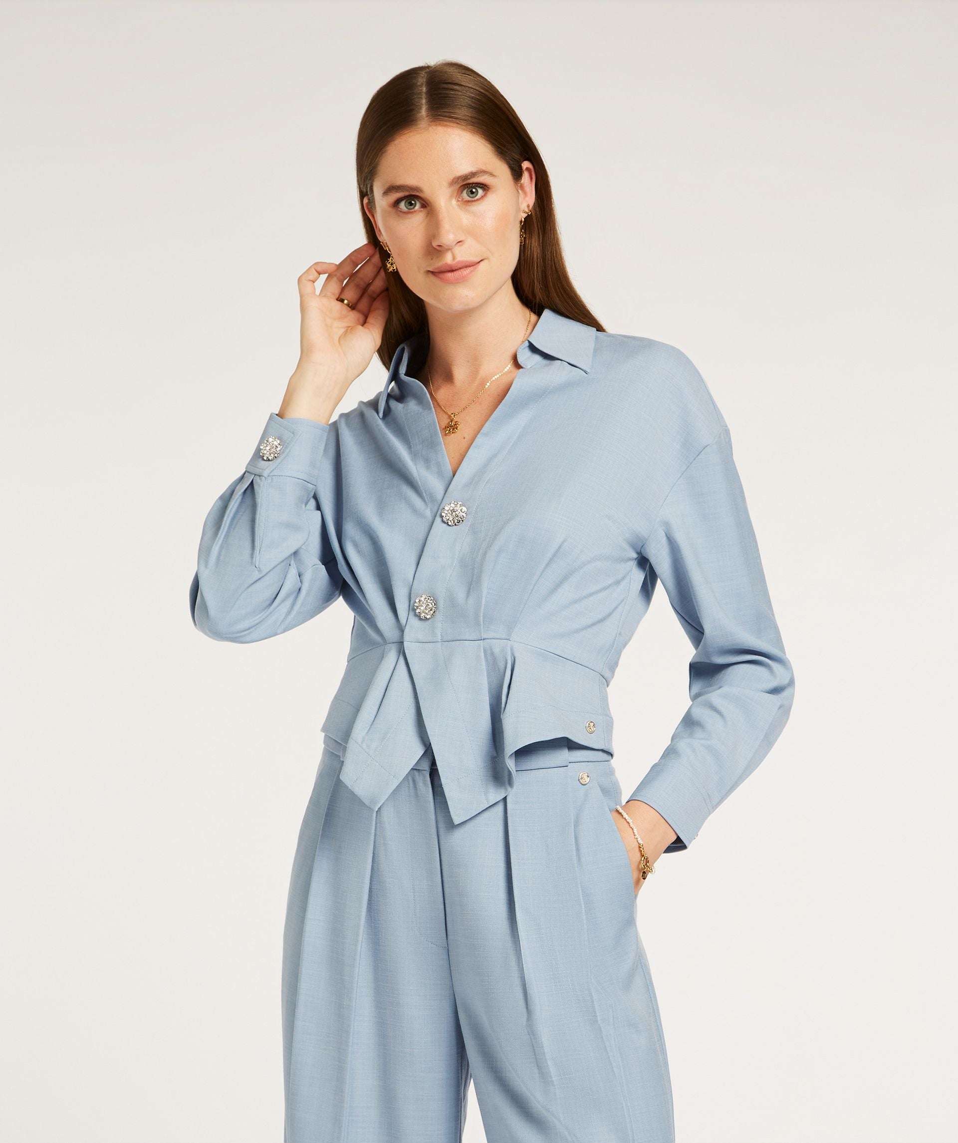 JOSH V  Avery Fitted Peplum Blouse -Dusty Blue Melange