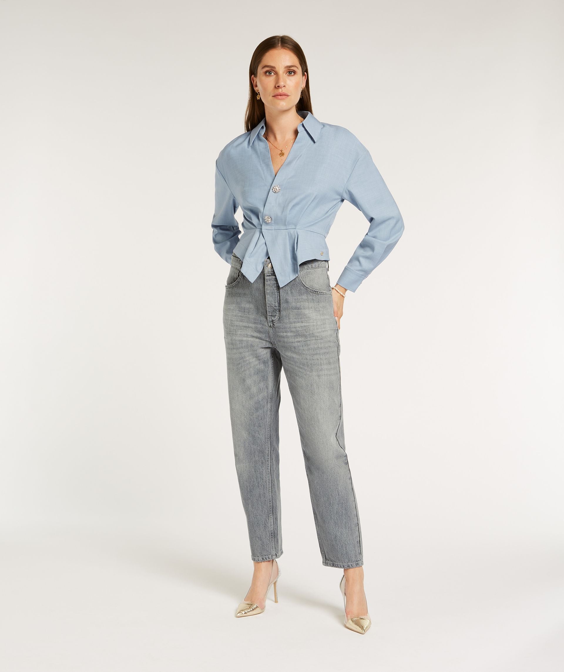 JOSH V  Avery Fitted Peplum Blouse -Dusty Blue Melange